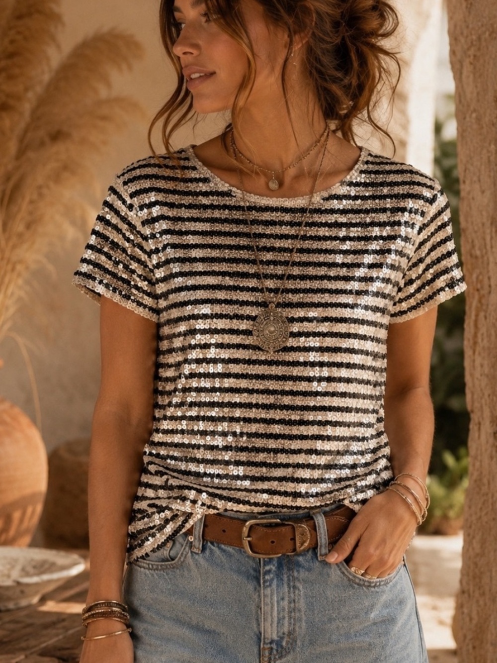 J.Crew Sequin Stripe Top Small Ivory Black Cotton Short Sleeve Party Shirt S